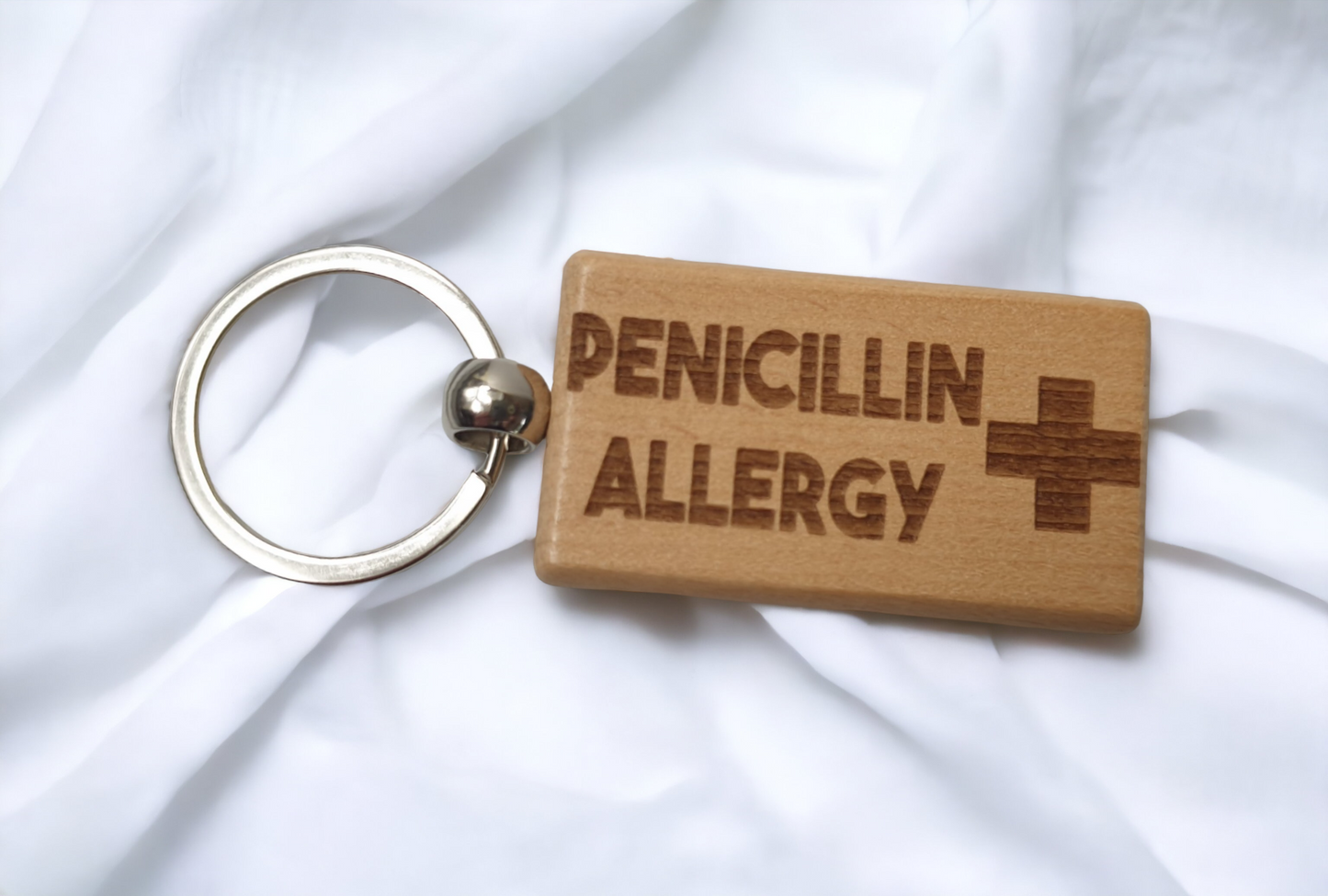 Penicillin Allergy Keyring Gift - Medical Alert Allergic Key Ring - Engraved Wooden Key Chain