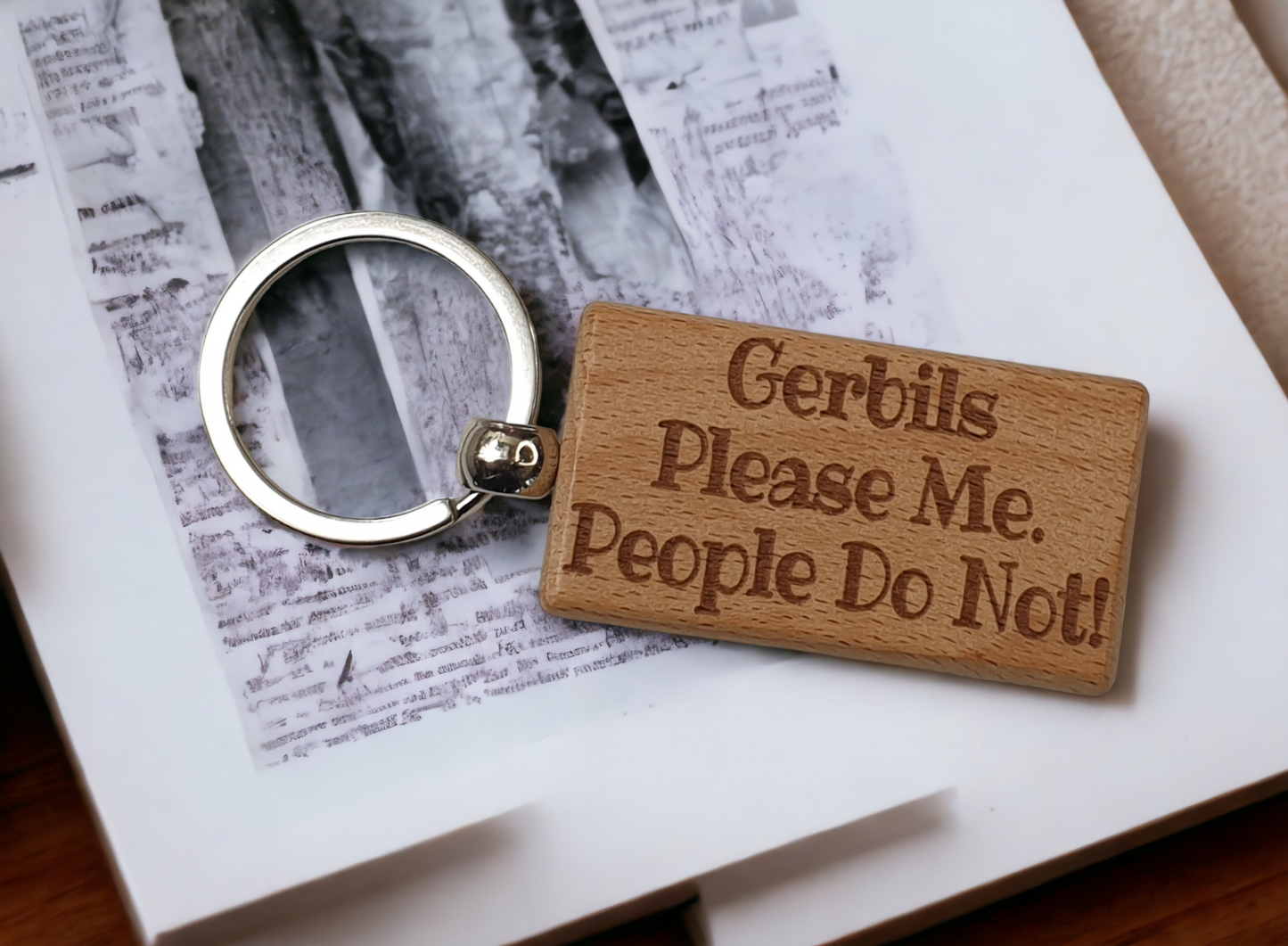 Gerbil Keyring Gift - Gerbils Please Me People Do Not - Engraved Wooden Keyring Novelty Nice Custom Gift