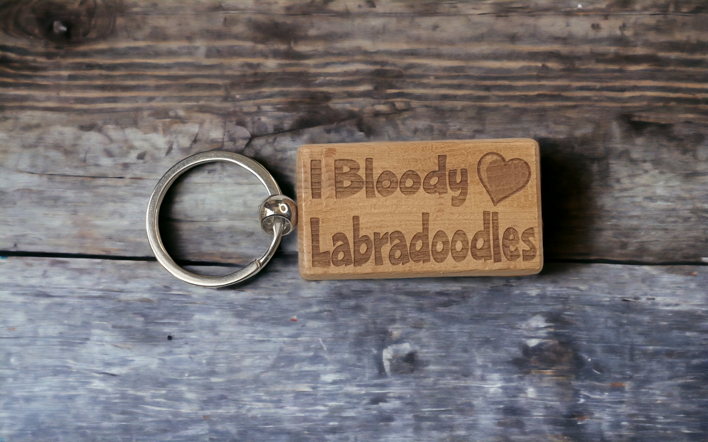 Labradoodle Keyring Gift - I Bloody Love Heart - Cute Engraved Wooden Key Fob Fun Novelty Nice Custom Present