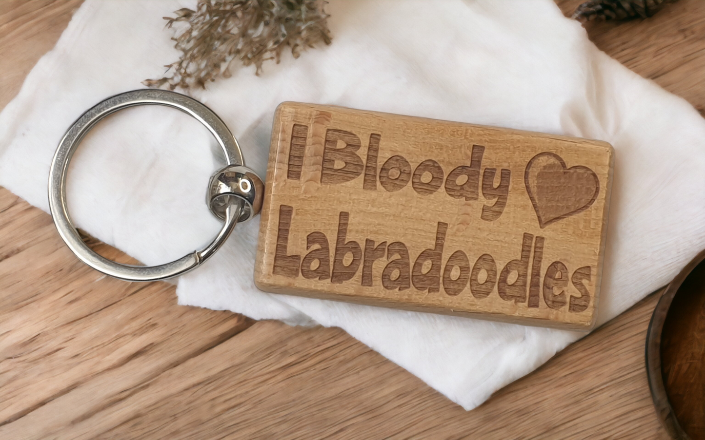 Labradoodle Keyring Gift - I Bloody Love Heart - Cute Engraved Wooden Key Fob Fun Novelty Nice Custom Present