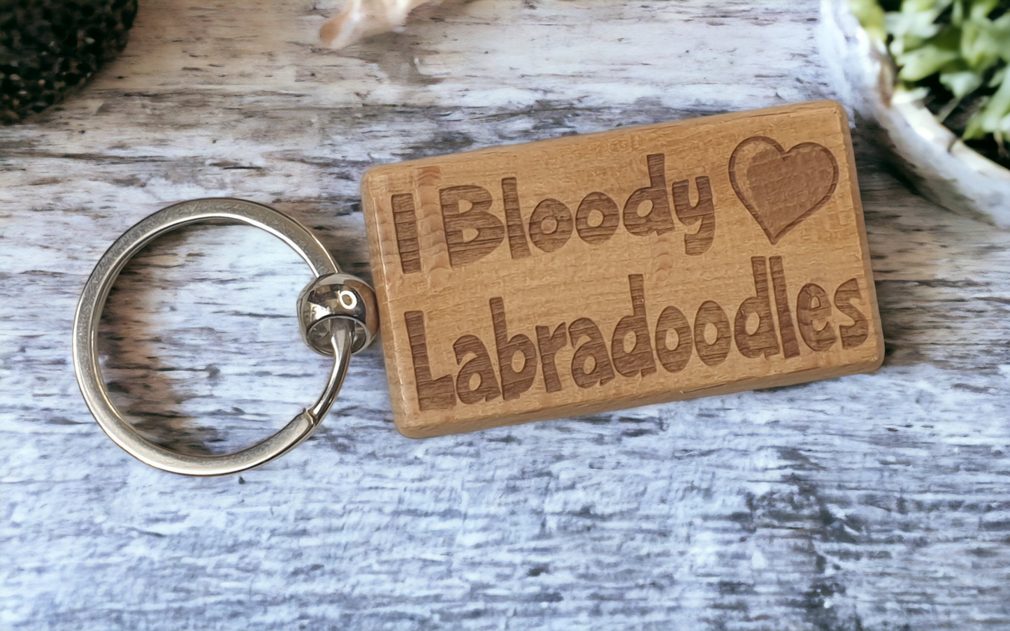 Labradoodle Keyring Gift - I Bloody Love Heart - Cute Engraved Wooden Key Fob Fun Novelty Nice Custom Present