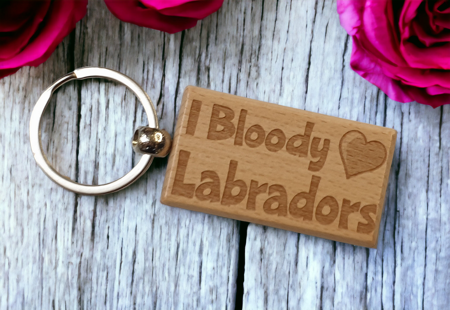 Labrador Keyring Gift - I Bloody Love Heart - Cute Engraved Wooden Key Fob Fun Novelty Nice Custom Present