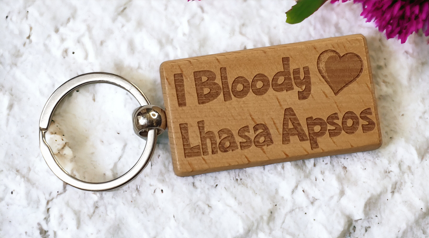 Lhasa Apso Keyring Gift - I Bloody Love Heart - Cute Engraved Wooden Key Fob Fun Novelty Nice Custom Present