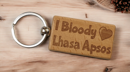 Lhasa Apso Keyring Gift - I Bloody Love Heart - Cute Engraved Wooden Key Fob Fun Novelty Nice Custom Present