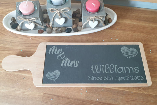 Engraved Large Slate Paddle Serving Platter - Mr & Mrs Since - Wedding or Anniversary Present Gift