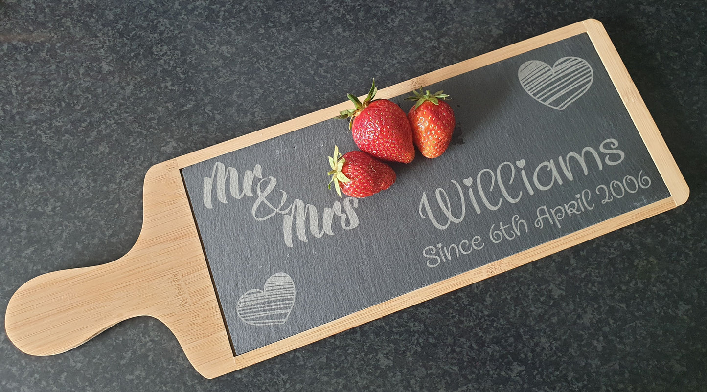 Engraved Large Slate Paddle Serving Platter - Mr & Mrs Since - Wedding or Anniversary Present Gift