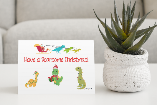 Dinosaur Christmas Card - Have A Roarsome Christmas - Nice Cute Fun Novelty Festive Greeting Card