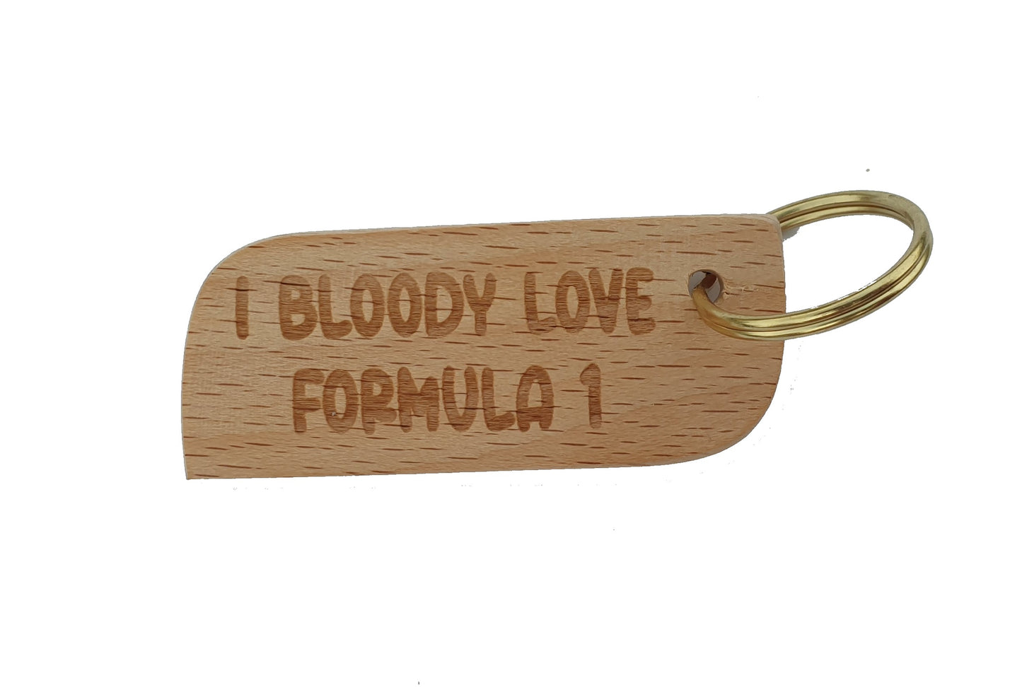 Cute F1 Keyring Gift - I Bloody Love Formula One - Engraved Wooden Key Fob Fun Novelty Nice Custom Present