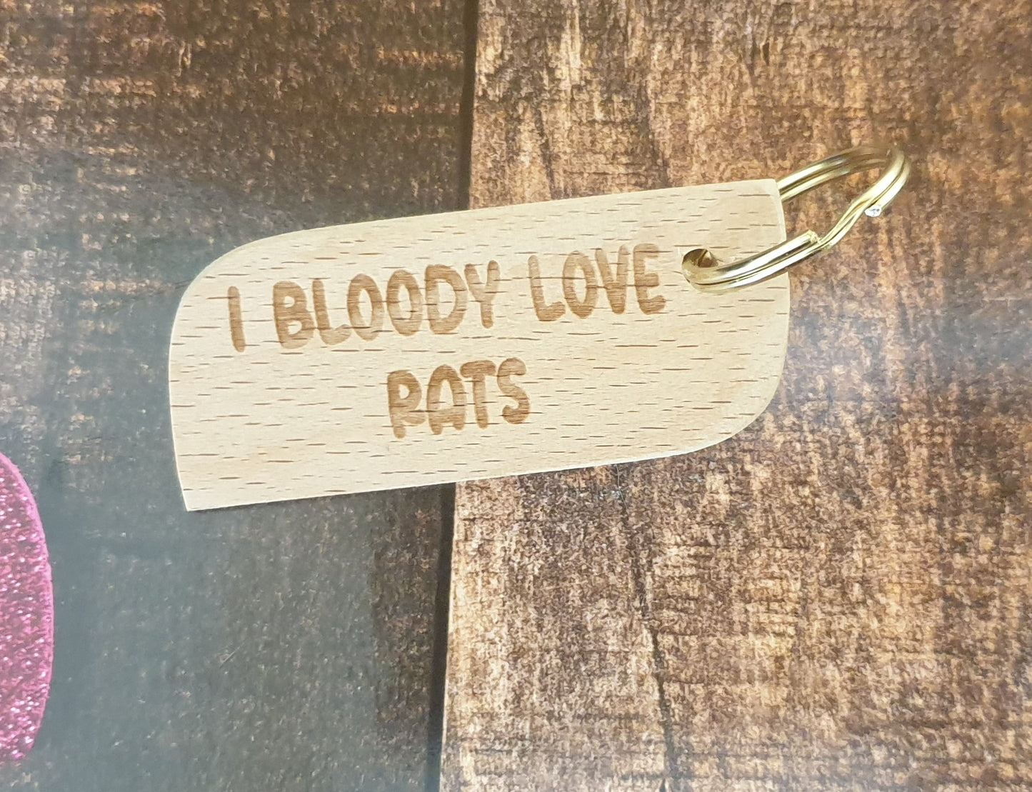 Cute Rat Keyring Gift - I Bloody Love Rats - Engraved Hardwood Key Fob Fun Novelty Nice Custom Present