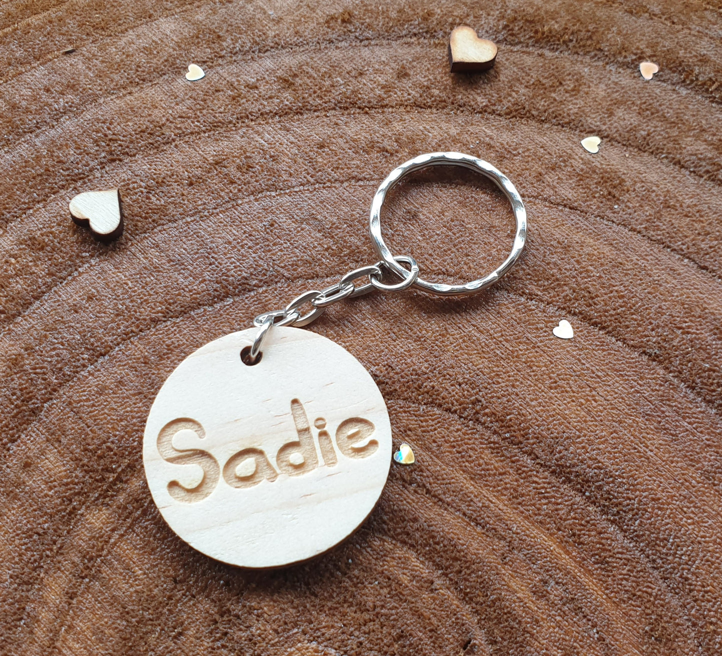 Personalised Name Key Ring Round Tag - Engraved Hardwood Keyring Novelty Custom Present