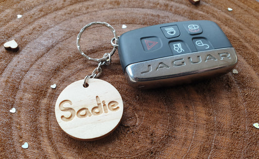 Personalised Name Key Ring Round Tag - Engraved Hardwood Keyring Novelty Custom Present