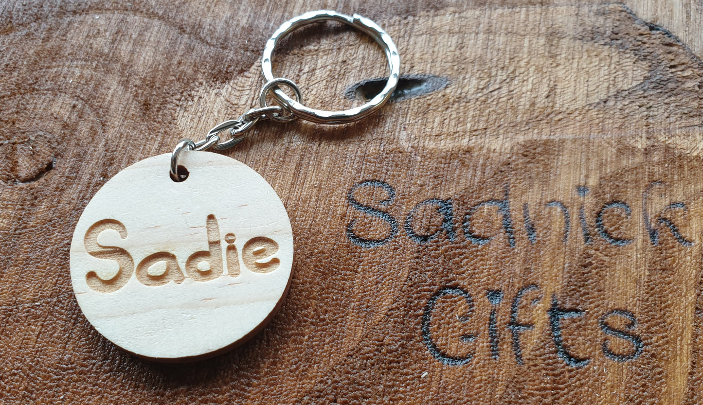 Personalised Name Key Ring Round Tag - Engraved Hardwood Keyring Novelty Custom Present